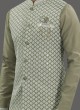 Pista Green Nehru Jacket Set In Cotton Silk With Lucknowi Work